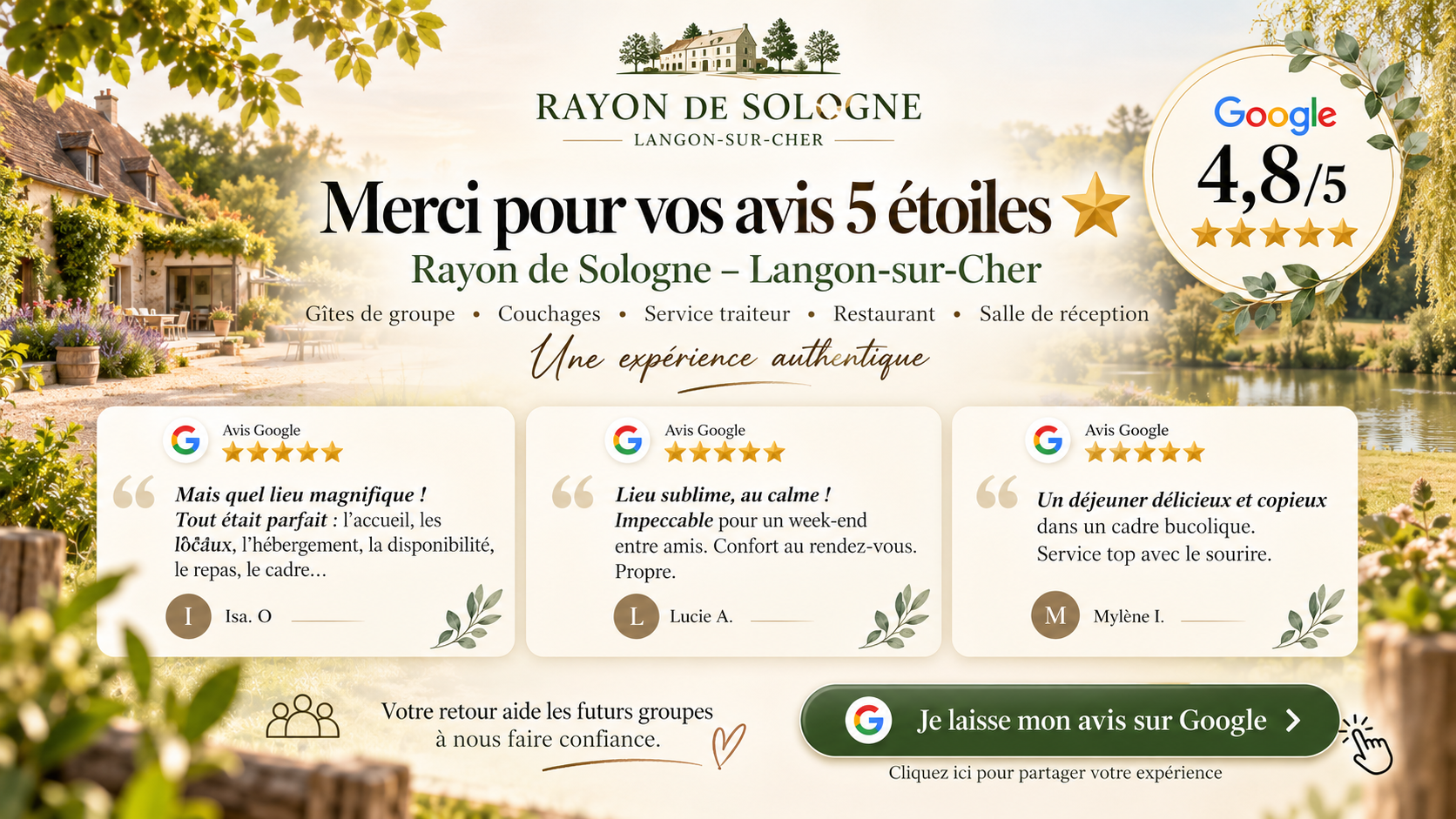 Avis gite de groupe rayon de sologne bistrot du grand liot 41 salle mariage seminaire gite xxl traiteur
