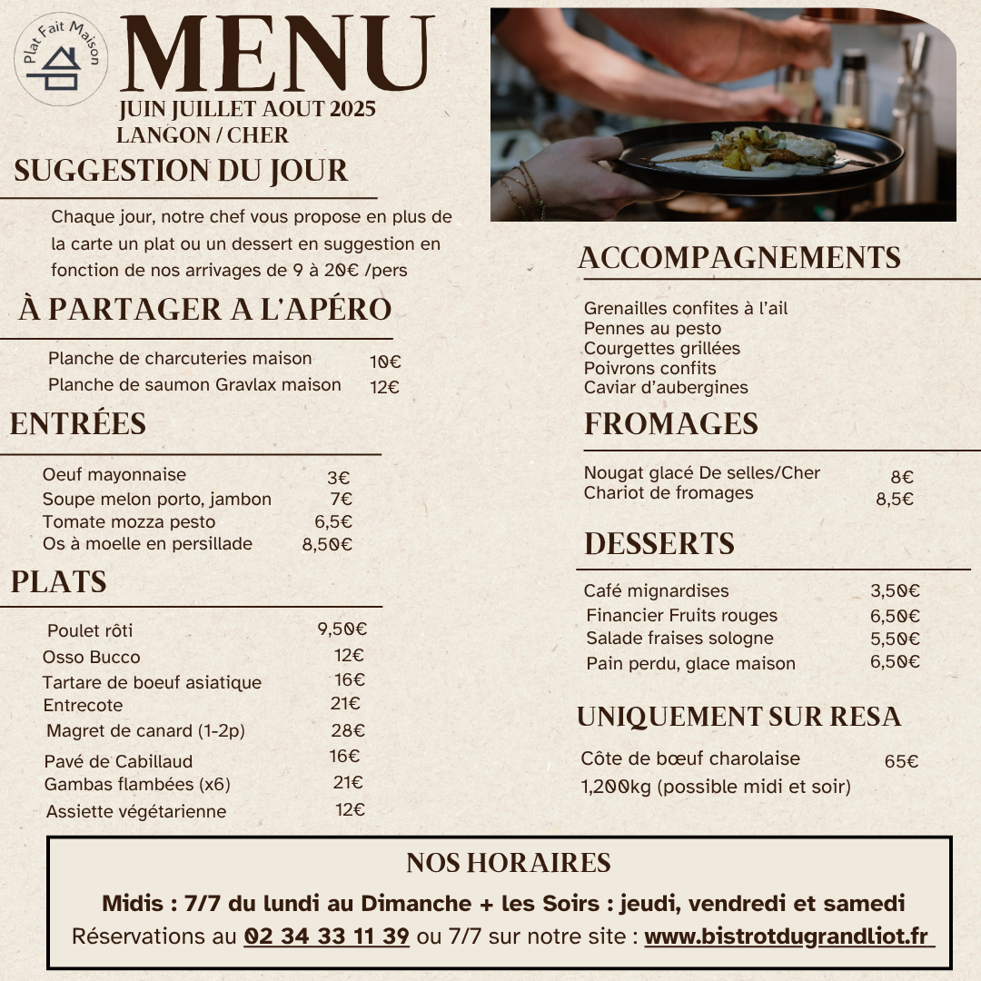 Menu carte bistrot du grand liot restaurant langon sur cher ete 2025